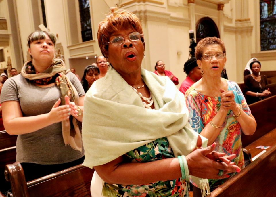 Women sing during a Mass for solidarity and peace Aug. 24, 2017, at St. James Cathedral Basilica in Brooklyn, New York. (CNS/Gregory A. Shemitz) Women sing during a Mass for solidarity and peace Aug. 24, 2017, at St. James Cathedral Basilica in Brooklyn, New York. (CNS/Gregory A. Shemitz)