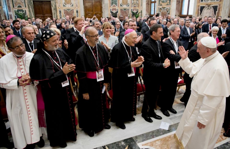 Pope Francis greets attendees at a conference on building a world free of nuclear weapons, at the Vatican Nov. 10. (CNS/L'Osservatore Romano) Pope Francis greets attendees at a conference on building a world free of nuclear weapons, at the Vatican Nov. 10. (CNS/L'Osservatore Romano)