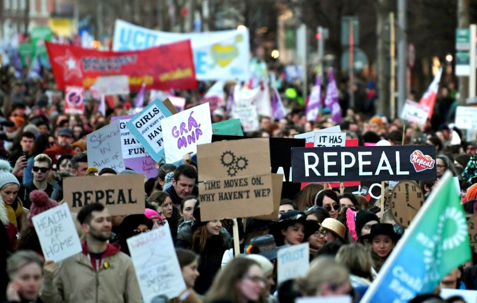 Demonstrators march for more liberal Irish abortion laws March 8 in Dublin. (CNS/Reuters/Clodagh Kilcoyne)