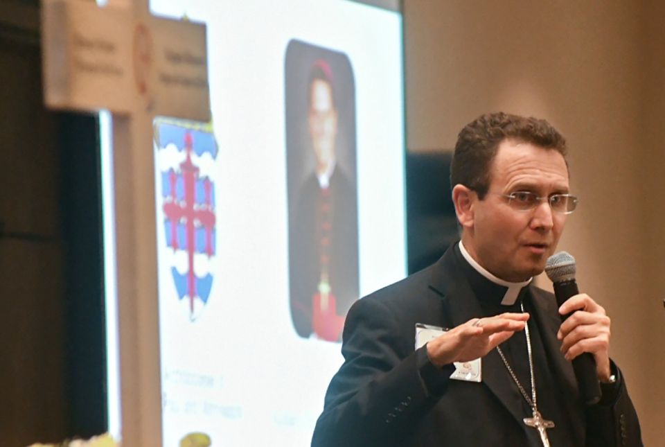 St. Paul-Minneapolis Auxiliary Bishop Andrew Cozzens speaks to participants April 14 during a regional encuentro in Alexandria, Minnesota. (CNS/The Catholic Spirit/Dianne Towalski)