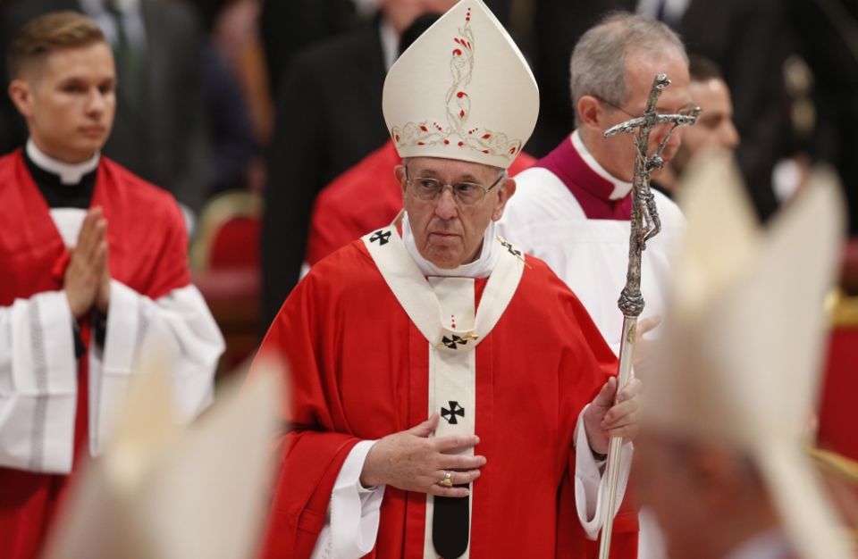 Pope Francis leaves after celebrating Mass marking the feast of Pentecost in St. Peter's Basilica at the Vatican May 20. (CNS/Paul Haring) Pope Francis leaves after celebrating Mass marking the feast of Pentecost in St. Peter's Basilica at the Vatican May 20. (CNS/Paul Haring)