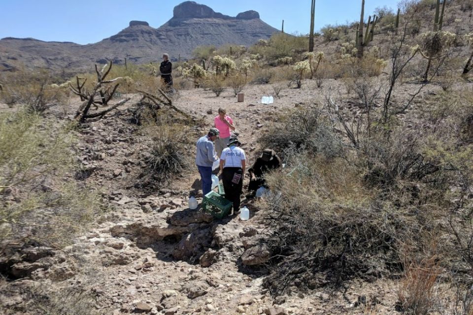 Members of the humanitarian aid organization Tucson Samaritans count used water containers in May 2018 and replace them with full ones for migrants trying to cross the border in the Sonoran Desert northeast of Ajo, Arizona. (GSR photo/Peter Tran)