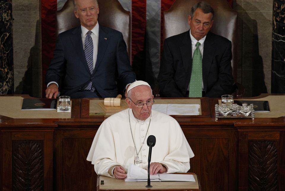 Pope Francis addresses a joint meeting of Congress in Washington Sept. 24, 2015. Also pictured are then-Vice President Joe Biden and then-House Speaker John Boehner, both of whom are Catholic. (CNS/Paul Haring)