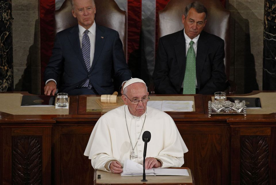 Pope Francis addresses a joint meeting of Congress in Washington Sept. 24, 2015. Also pictured are then-Vice President Joe Biden and then-House Speaker John Boehner, both of whom are Catholic. (CNS/Paul Haring) Pope Francis addresses a joint meeting of Congress in Washington Sept. 24, 2015. Also pictured are then-Vice President Joe Biden and then-House Speaker John Boehner, both of whom are Catholic. (CNS/Paul Haring)