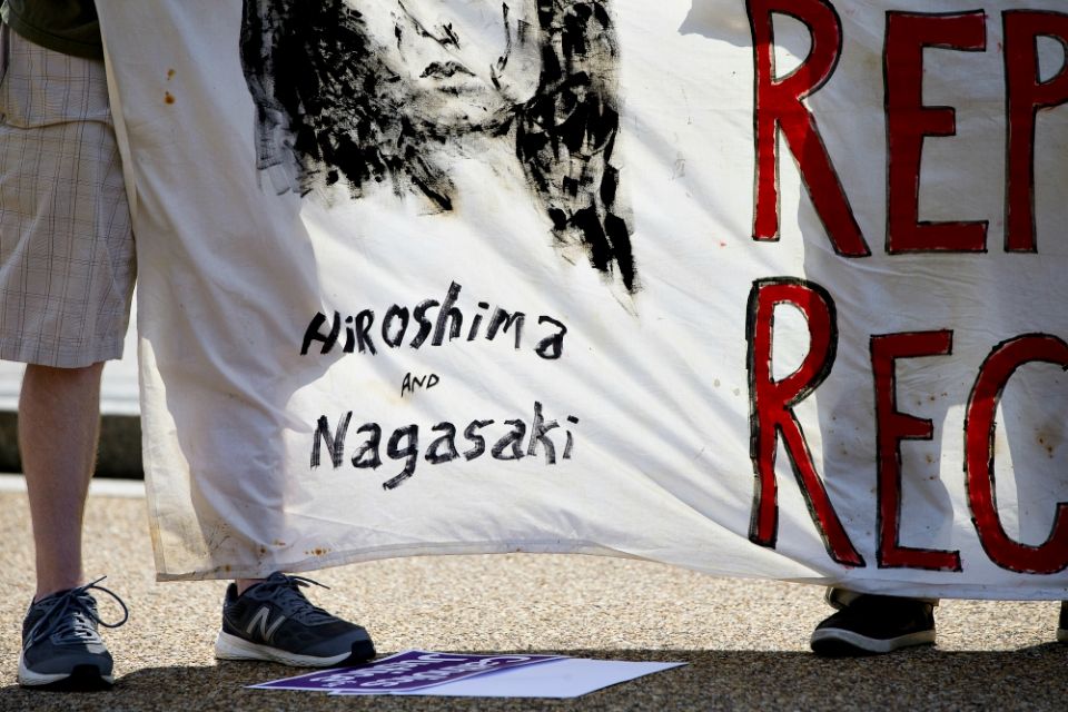 Peace activists hold a Catholic prayer service of repentance near the White House Aug. 9, 2018, for the use of nuclear weapons on Japan during World War II. (CNS/Tyler Orsburn) Peace activists hold a Catholic prayer service of repentance near the White House Aug. 9, 2018, for the use of nuclear weapons on Japan during World War II. (CNS/Tyler Orsburn)
