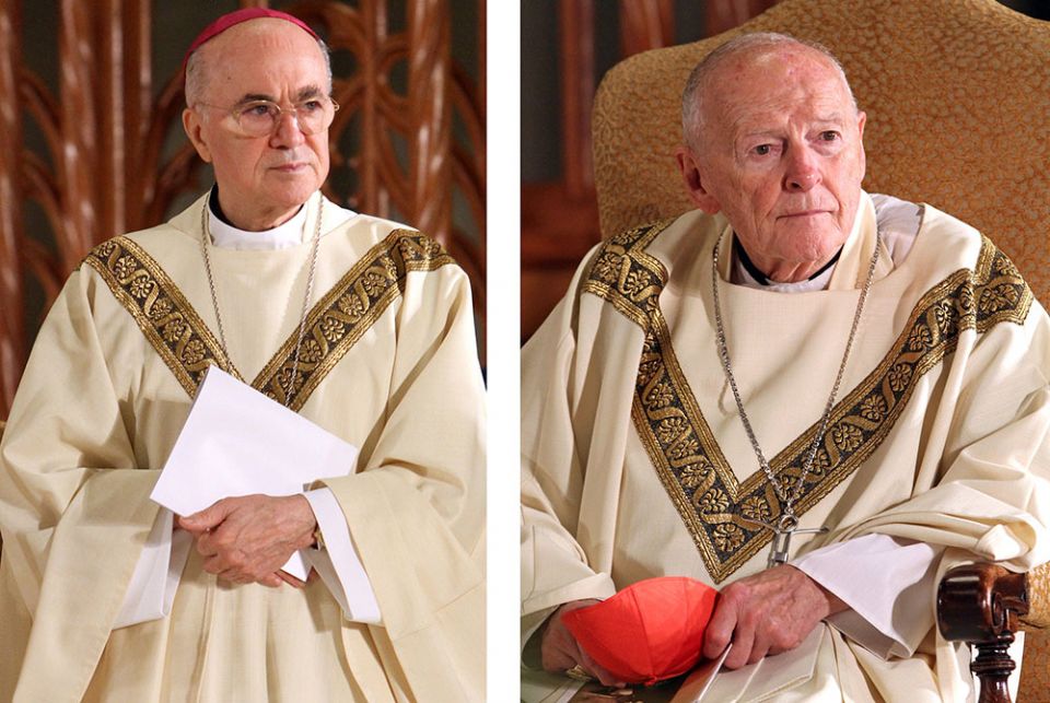 Archbishop Carlo Maria Vigano, then nuncio to the United States, and then-Cardinal Theodore McCarrick of Washington, are seen in a 2014 combination photo. (CNS/Gregory A. Shemitz)