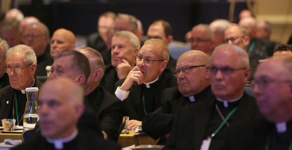 Bishops listen to a speaker Nov. 14 at the fall general assembly of the U.S. Conference of Catholic Bishops in Baltimore. (CNS/Bob Roller)