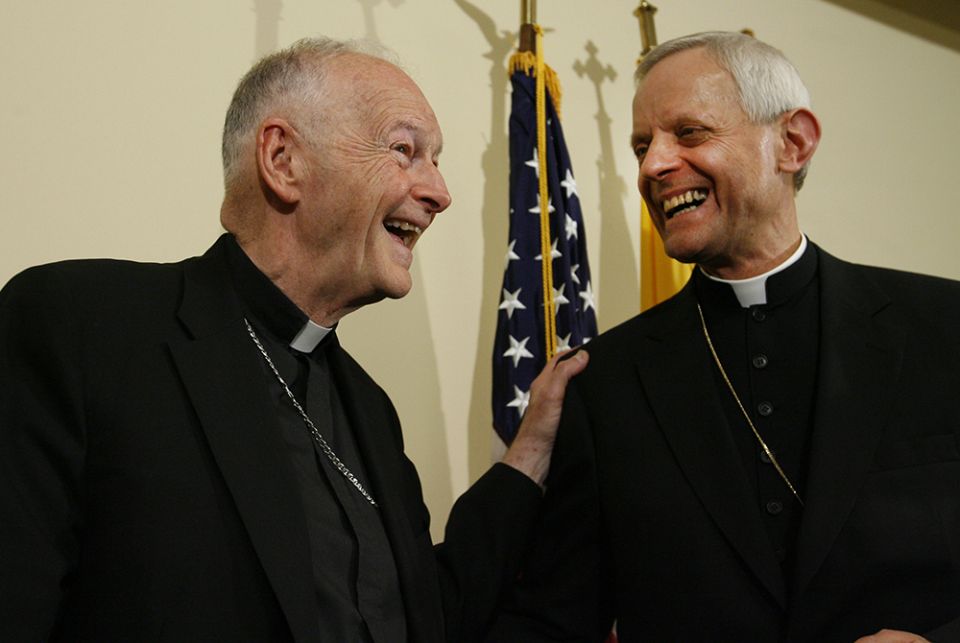 Then-Cardinal Theodore McCarrick of Washington and then-Archbishop Donald W. Wuerl smile during a 2006 news conference after introducing Wuerl as the new head of the Washington Archdiocese. (CNS/Paul Haring)