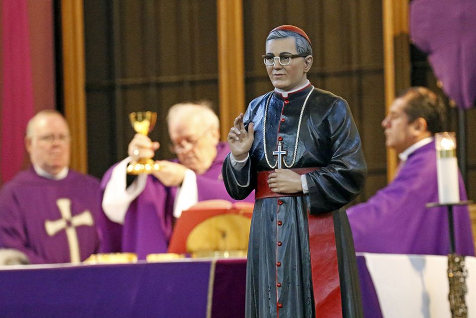 A statue of St. Óscar Romero is seen during a Spanish-language Mass at St. John-Visitation Church in the Bronx, New York, March 24, 2019, the feast of the saint. (CNS/Gregory A. Shemitz)