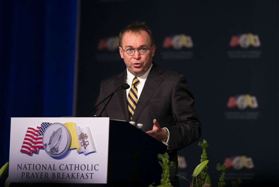 Mick Mulvaney, former Trump White House chief of staff, speaks April 23, 2019, during the National Catholic Prayer Breakfast in Washington. Last week, Mulvaney did a "virtual town hall" with supporters of CatholicVote.org. (CNS/Tyler Orsburn)
