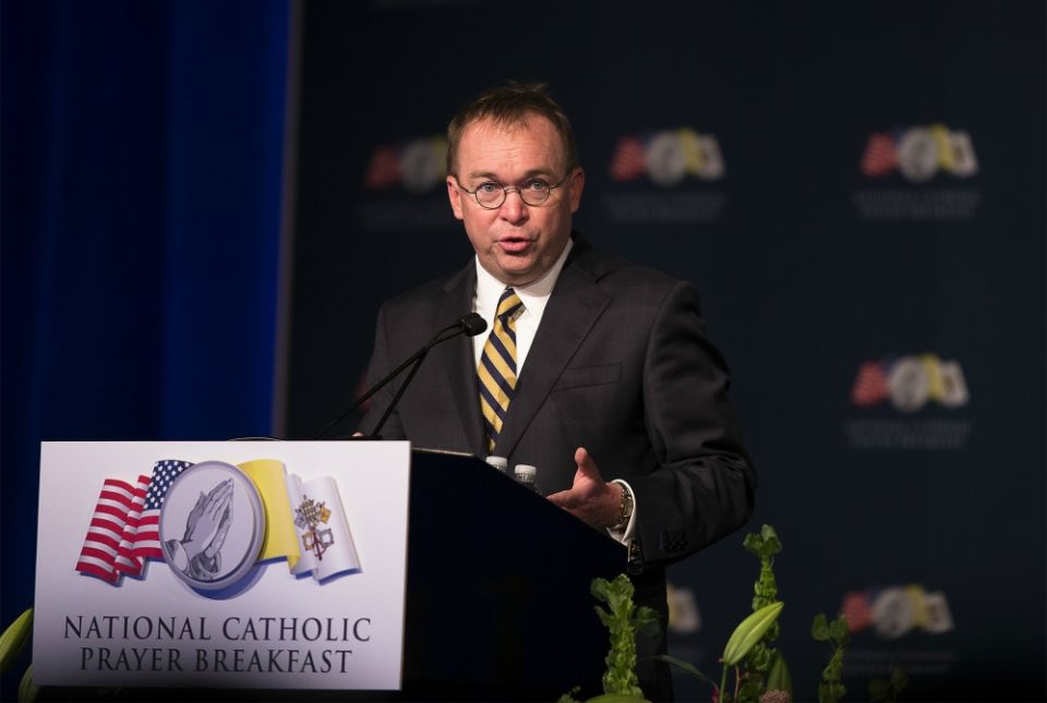 Mick Mulvaney, former Trump White House chief of staff, speaks April 23, 2019, during the National Catholic Prayer Breakfast in Washington. Last week, Mulvaney did a "virtual town hall" with supporters of CatholicVote.org. (CNS/Tyler Orsburn) Mick Mulvaney, former Trump White House chief of staff, speaks April 23, 2019, during the National Catholic Prayer Breakfast in Washington. Last week, Mulvaney did a "virtual town hall" with supporters of CatholicVote.org. (CNS/Tyler Orsburn)