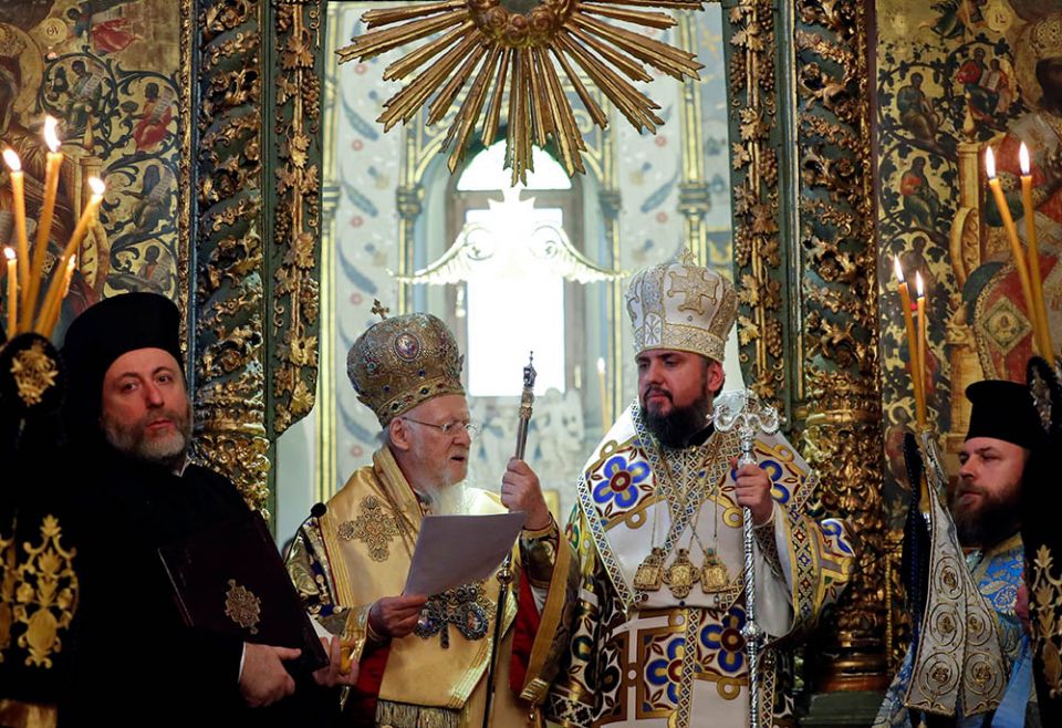 Ecumenical Patriarch Bartholomew of Constantinople and and Metropolitan Epifaniy Dumenko, head of the Orthodox Church of Ukraine, attend the Divine Liturgy at the Cathedral of St. George Jan. 6, 2019, in Istanbul. (CNS/Reuters/Murad Sezer)