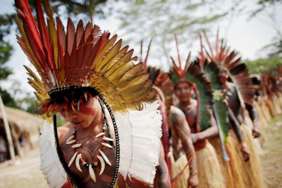 Shanenawa people dance Sept. 1 during a festival to celebrate nature and ask for an end to the burning of the Amazon, in the indigenous village of Morada Nova near Feijo, Brazil. (CNS/Reuters/Ueslei Marcelino)