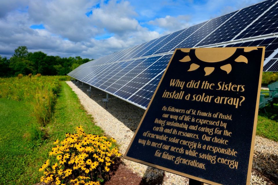 In addition to installing 280 new solar panels, the Sisters of St. Francis of the Holy Cross in Green Bay, Wisconsin, offer an educational path with seven plaques explaining solar energy. (CNS/The Compass/Sam Lucero)