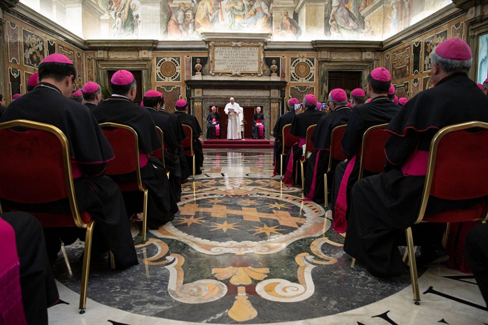 Pope Francis speaks during a Sept. 12, 2019, meeting with bishops ordained over the past year and tells them that they must spend time in prayer and time with the priests and people of their dioceses. (CNS/Vatican Media)