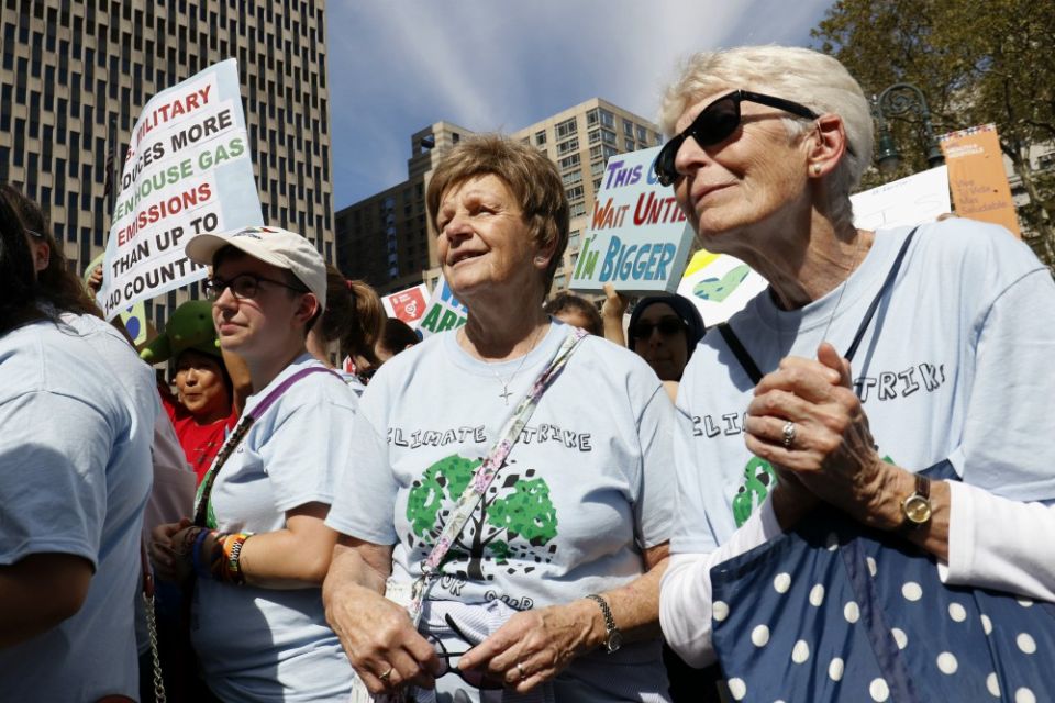 Sr. Helen Kearney, center, president of the Sisters of St. Joseph of Brentwood, New York, and St. Joseph Sr. Mary Doyle, right, participate in the Global Climate Strike in New York City Sept. 20, 2019. (CNS/Gregory A. Shemitz) Sr. Helen Kearney, center, president of the Sisters of St. Joseph of Brentwood, New York, and St. Joseph Sr. Mary Doyle, right, participate in the Global Climate Strike in New York City Sept. 20, 2019. (CNS/Gregory A. Shemitz)