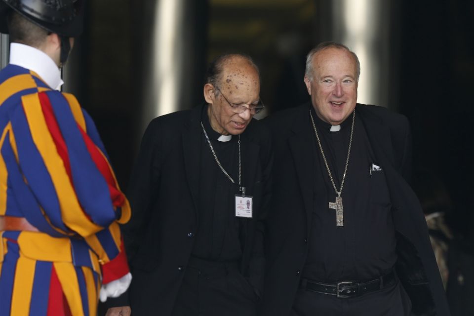 Cardinal Oswald Gracias of Mumbai, India, and Bishop Robert McElroy of San Diego leave a session of the Synod of Bishops for the Amazon at the Vatican Oct. 21, 2019. (CNS/Paul Haring)