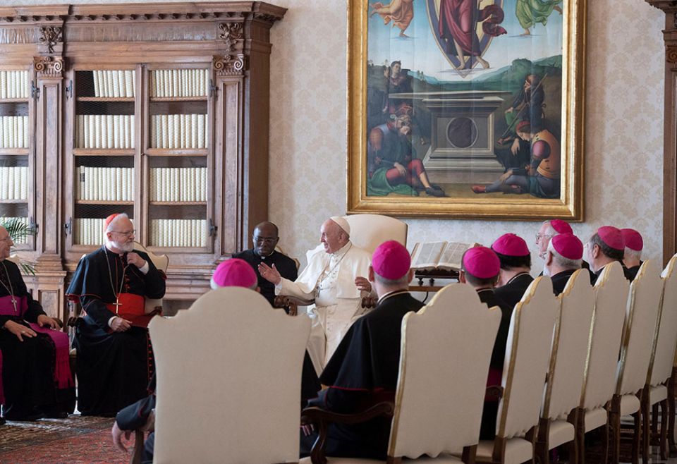 Pope Francis speaks to Boston Cardinal Sean O'Malley, second from left, alongside other U.S. bishops during their "ad limina" visits at the Vatican Nov. 7, 2019. (CNS/Vatican Media)