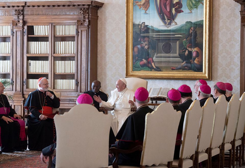 Pope Francis speaks to Boston Cardinal Sean O'Malley, second from left, alongside other U.S. bishops during their "ad limina" visits at the Vatican Nov. 7, 2019. (CNS/Vatican Media) Pope Francis speaks to Boston Cardinal Sean O'Malley, second from left, alongside other U.S. bishops during their "ad limina" visits at the Vatican Nov. 7, 2019. (CNS/Vatican Media)