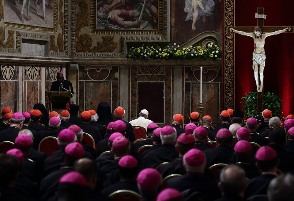 Pope Francis, cardinals and bishops attend a penitential liturgy during a meeting on the protection of minors in the church Feb. 23, 2019, at the Vatican. (CNS/Evandro Inetti, pool)