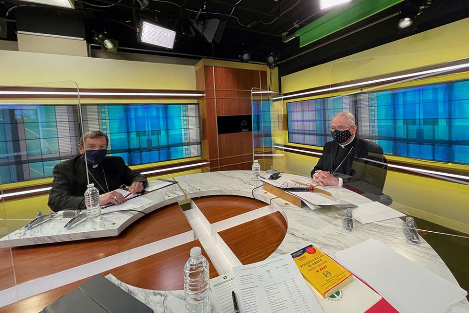 Detroit Archbishop Allen Vigneron, vice president of the U.S. Conference of Catholic Bishops, and Los Angeles Archbishop José Gomez, conference president, are pictured in the studio at conference headquarters in Washington Nov. 16, 2020. (CNS)