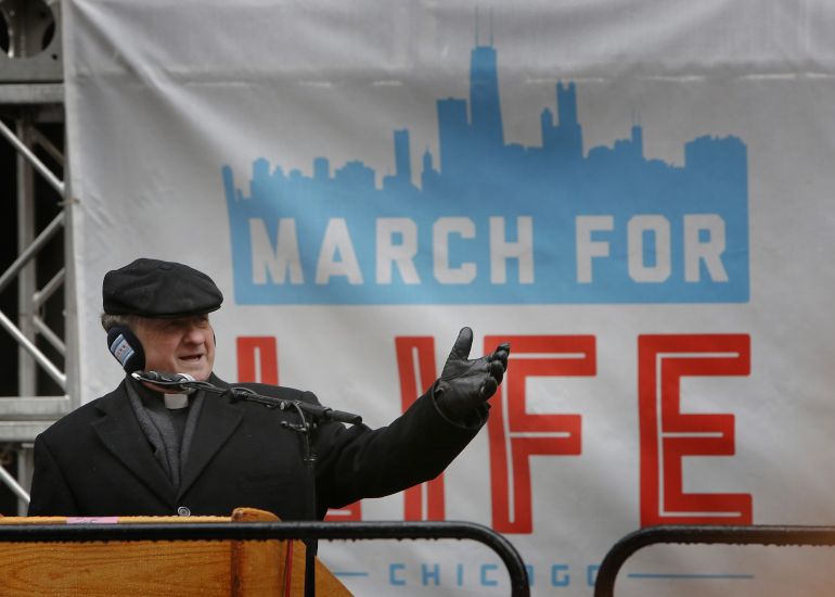 Cardinal Blase Cupich of Chicago speaks in Daley Plaza Jan. 11, 2020, during the city's annual March for Life. (CNS/Chicago Catholic/Karen Callaway)
