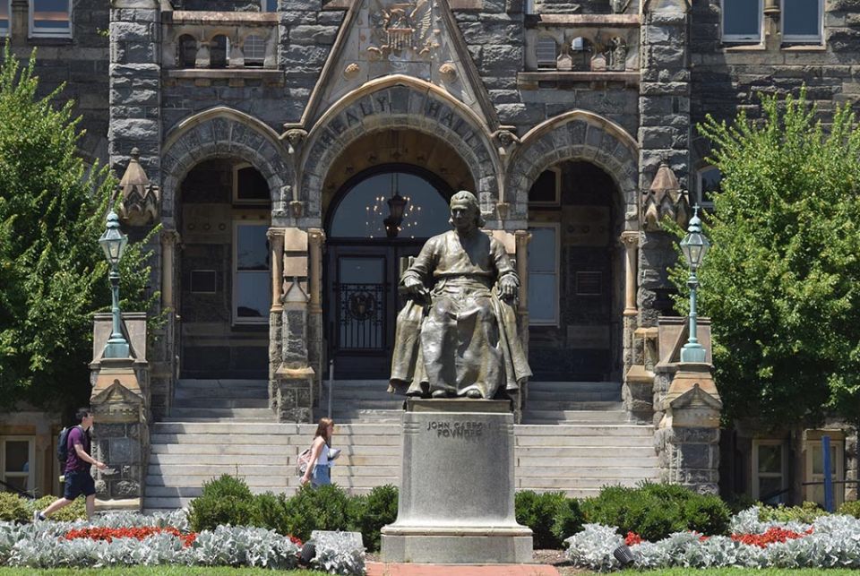 This statue of Georgetown University's founder, Bishop John Carroll, greets students at the Washington campus entrance July 22, 2019. (CNS/Elizabeth Bachmann) This statue of Georgetown University's founder, Bishop John Carroll, greets students at the Washington campus entrance July 22, 2019. (CNS/Elizabeth Bachmann)