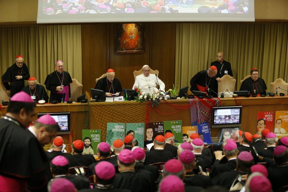 Pope Francis attends the final session of the Synod of Bishops for the Amazon at the Vatican Oct. 26, 2019. (CNS/Paul Haring) Pope Francis attends the final session of the Synod of Bishops for the Amazon at the Vatican Oct. 26, 2019. (CNS/Paul Haring)