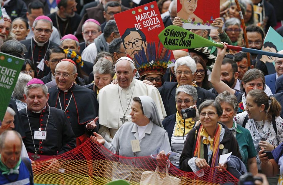 Pope Francis walks in a procession at the start of the first session of the Synod of Bishops for the Amazon at the Vatican Oct. 7, 2019. (CNS/Paul Haring)