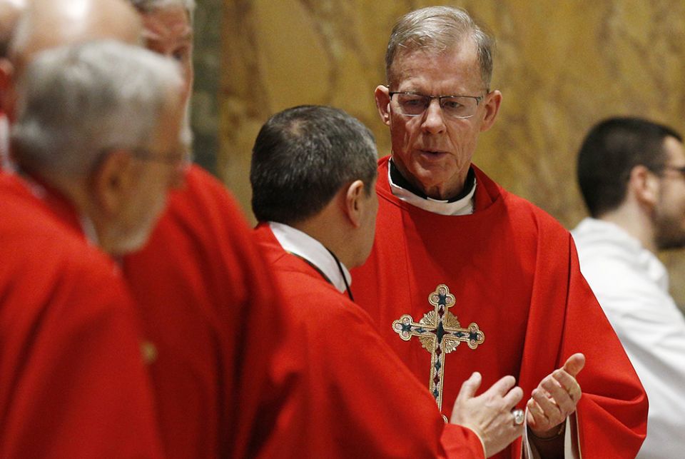 Archbishop John Wester of Santa Fe, New Mexico, offers the sign of peace as bishops from Arizona, Colorado, New Mexico, Utah and Wyoming concelebrate Mass at the Basilica of St. Paul Outside the Walls in Rome Feb. 12, 2020. (CNS/Paul Haring)