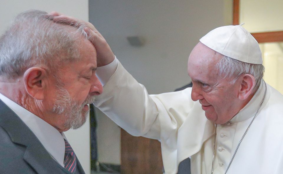 Pope Francis blesses former Brazilian President Luiz Inacio Lula da Silva during a private meeting at the Vatican Feb. 13, 2020. (CNS/Latin America News Agency/Reuters/Ricardo Stuckert)