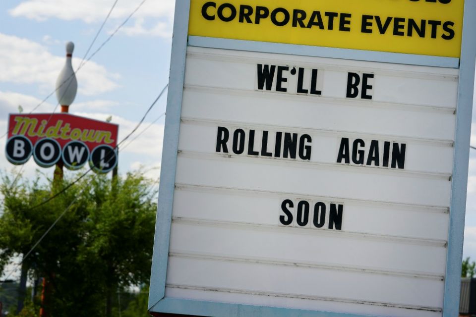 A message in Atlanta is seen on a sign outside the Midtown Bowl bowling alley April 21 days before the phased reopening of businesses and restaurants from coronavirus disease restrictions. (CNS/Reuters/Elijah Nouvelage) A message in Atlanta is seen on a sign outside the Midtown Bowl bowling alley April 21 days before the phased reopening of businesses and restaurants from coronavirus disease restrictions. (CNS/Reuters/Elijah Nouvelage)