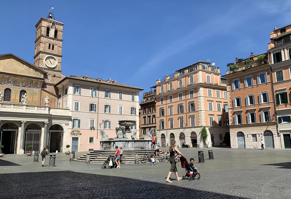 The Basilica of Santa Maria in Trastevere and the public square named after it are seen May 8, 2020. (CNS/Cindy Wooden)
