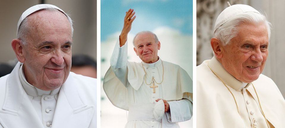 Pope Francis, St. John Paul II and retired Pope Benedict XVI are pictured in a composite photo. (CNS/Paul Haring/Joe Rimkus Jr.)