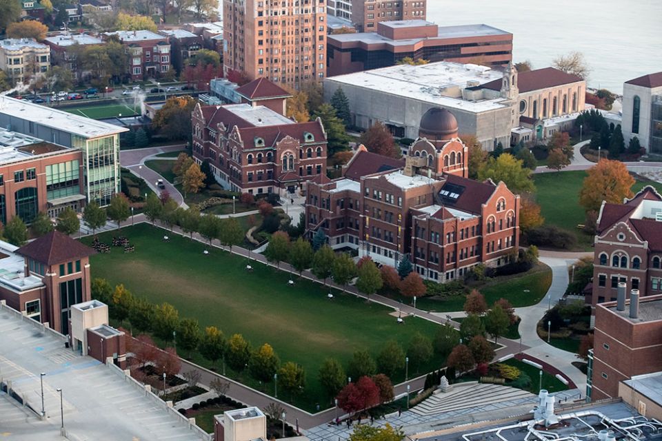 An aerial view of the Lake Shore campus of Loyola University Chicago is seen in 2019. (CNS/Courtesy of Loyola University Chicago/Lukas Keapproth)