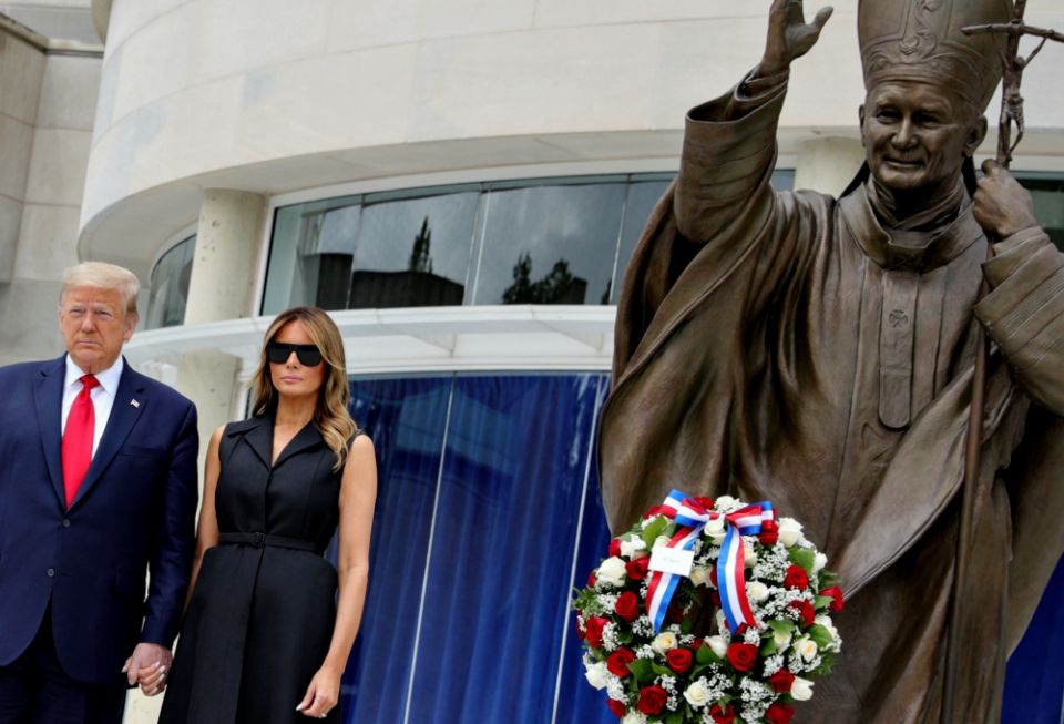 U.S. President Donald Trump and first lady Melania Trump pose during a visit to the St. John Paul II National Shrine in Washington June 2. (CNS/Reuters/Tom Brenner) U.S. President Donald Trump and first lady Melania Trump pose during a visit to the St. John Paul II National Shrine in Washington June 2. (CNS/Reuters/Tom Brenner)