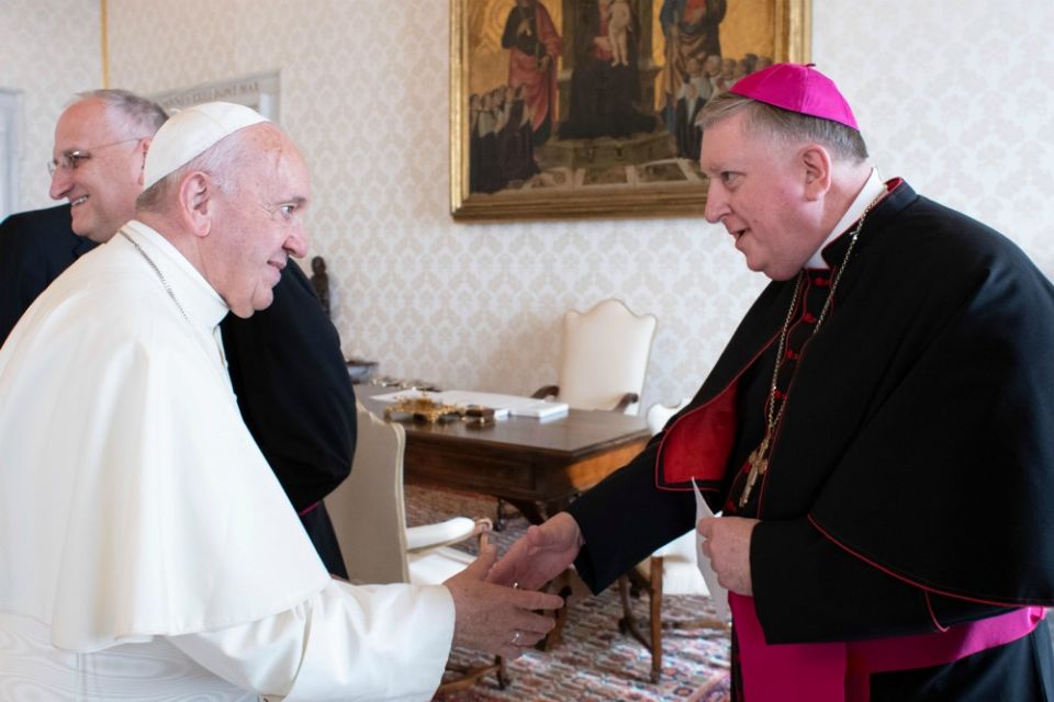 Pope Francis greets Bishop Mitchell Rozanski during a meeting with U.S. bishops from the New England states at the Vatican Nov. 7, 2019. (CNS/Vatican Media)