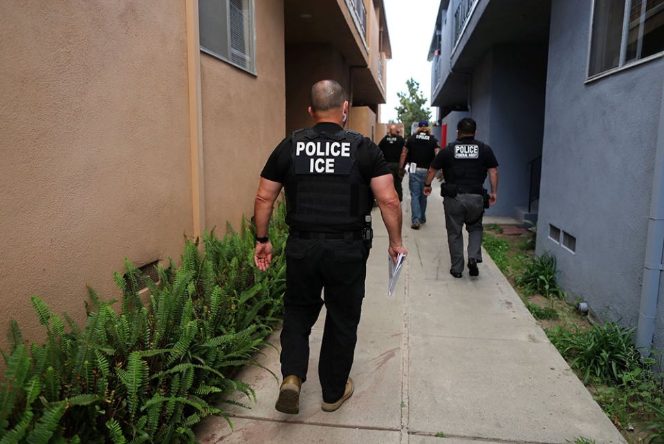 U.S. Immigration and Customs Enforcement personnel are seen March 1 in Hawthorne, California. (CNS/Lucy Nicholson, Reuters)