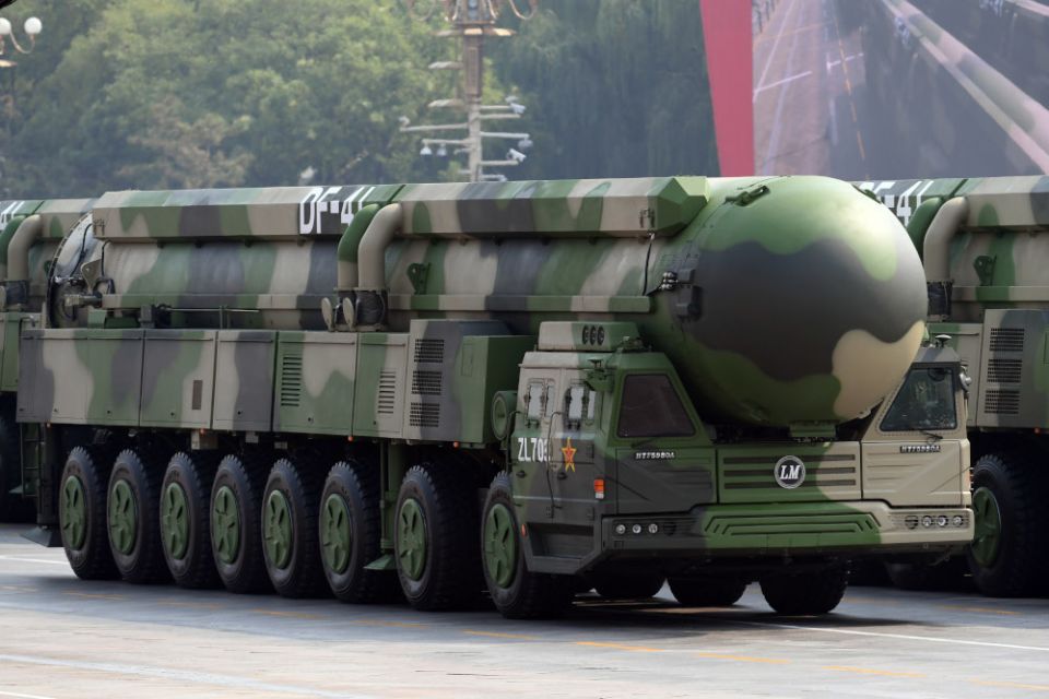 A Dongfeng-41 intercontinental strategic nuclear missiles group formation is seen Oct. 1, 2019, in Beijing. (CNS/Reuters/Weng Qiyu) A Dongfeng-41 intercontinental strategic nuclear missiles group formation is seen Oct. 1, 2019, in Beijing. (CNS/Reuters/Weng Qiyu)