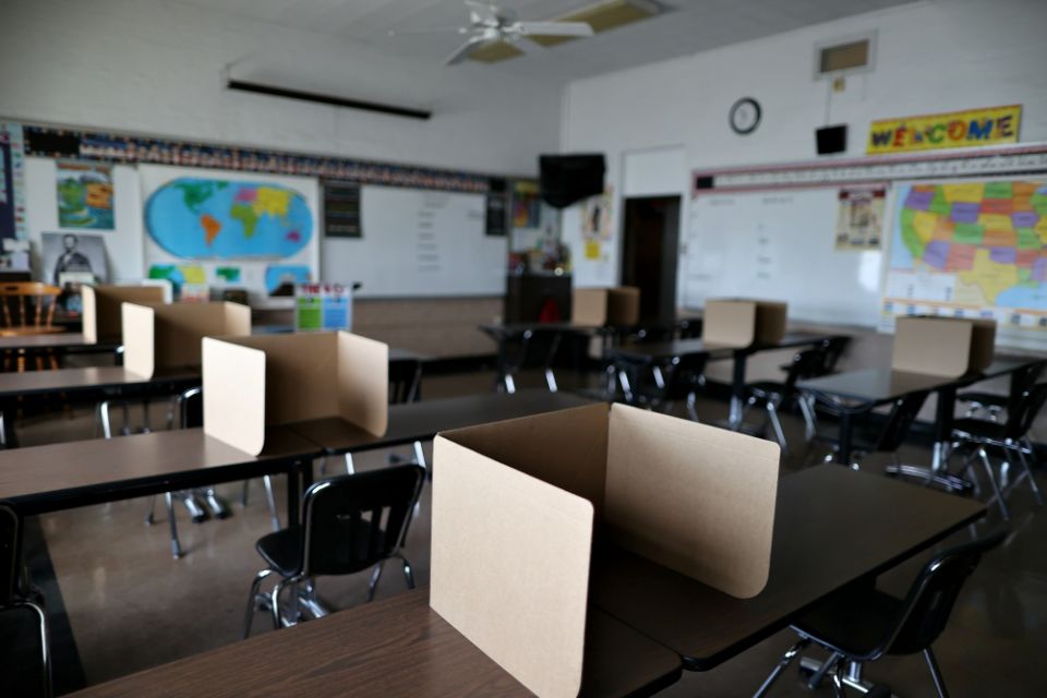 Social-distancing dividers for students at St. Benedict School in Montebello, California, are seen July 14. (CNS/Reuters/Lucy Nicholson)
