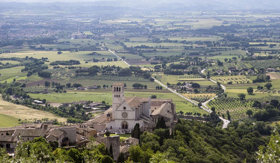 The Basilica of St. Francis of Assisi is seen from the Rocca Maggiore, a fortress on top of the hill above the town of Assisi, Italy. (CNS/Octavio Duran)