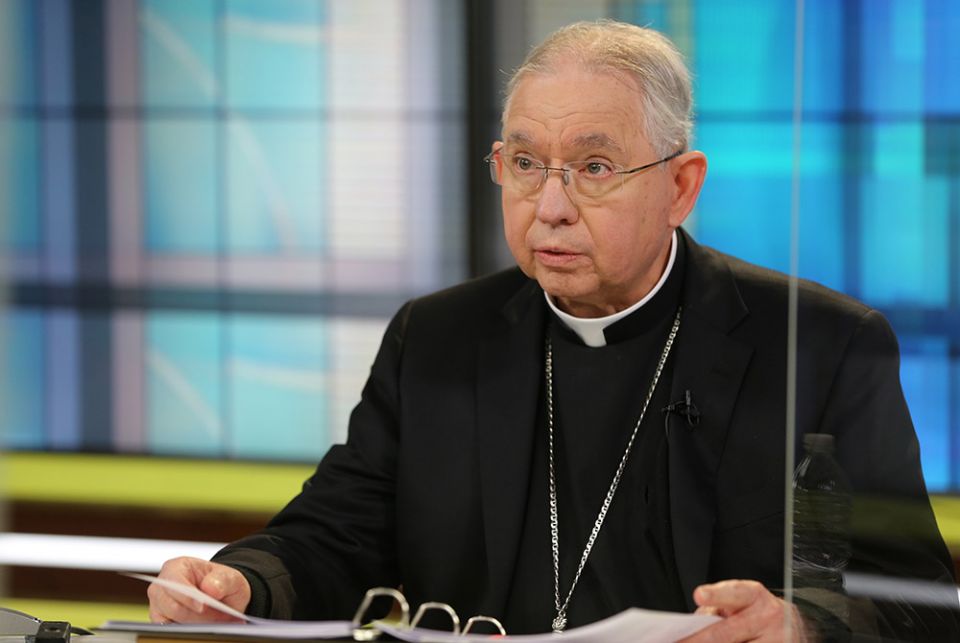 Archbishop José Gomez of Los Angeles, president of the U.S. Conference of Catholic Bishops, speaks Nov. 16, 2020, at the bishops' conference headquarters in Washington during the bishops' virtual fall meeting. (CNS/Bob Roller) Archbishop José Gomez of Los Angeles, president of the U.S. Conference of Catholic Bishops, speaks Nov. 16, 2020, at the bishops' conference headquarters in Washington during the bishops' virtual fall meeting. (CNS/Bob Roller)