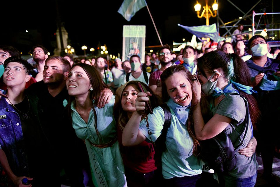 Pro-life demonstrators react after the Senate passed an abortion bill in Buenos Aires, Argentina, Dec. 30, 2020. (CNS/Reuters/Martin Villar)