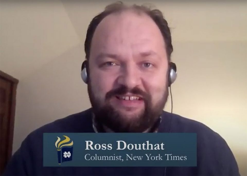 Author and New York Times columnist Ross Douthat is seen in a screenshot of a Jan. 14 panel about "Recovering Our Institutions" during a virtual conference focused on unity and the common good hosted at the University of Notre Dame. (CNS screenshot) Author and New York Times columnist Ross Douthat is seen in a screenshot of a Jan. 14 panel about "Recovering Our Institutions" during a virtual conference focused on unity and the common good hosted at the University of Notre Dame. (CNS screenshot)