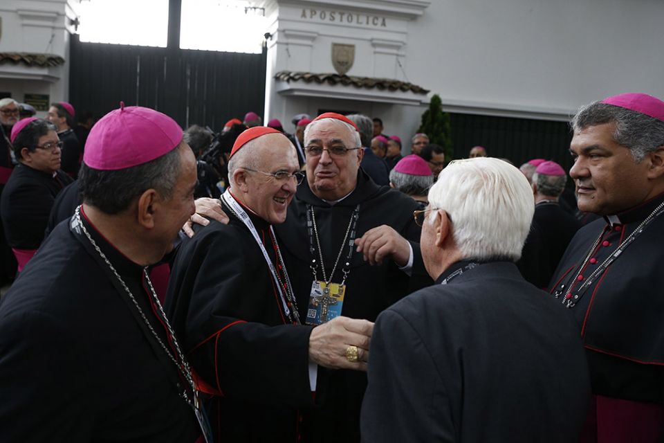 Bishops gather near the apostolic nunciature prior to the start of Pope Francis' meeting with the executive committee of the Latin American bishops' council (CELAM) in Bogotá, Colombia, Sept. 7, 2017. (CNS/Paul Haring)