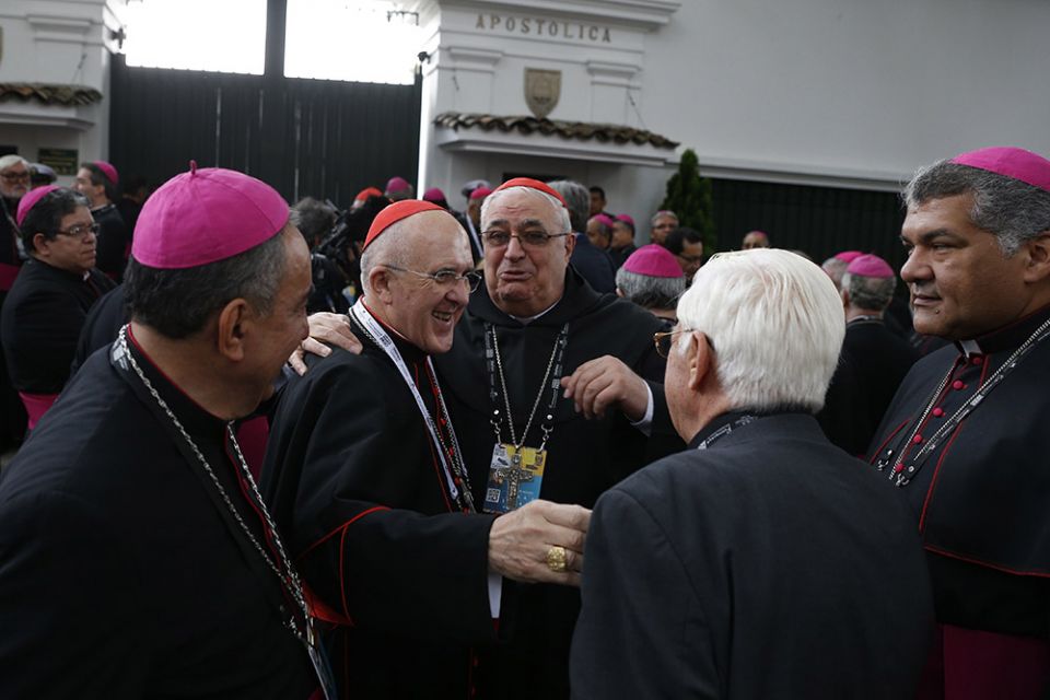 Bishops gather near the apostolic nunciature prior to the start of Pope Francis' meeting with the executive committee of the Latin American bishops' council (CELAM) in Bogotá, Colombia, Sept. 7, 2017. (CNS/Paul Haring) Bishops gather near the apostolic nunciature prior to the start of Pope Francis' meeting with the executive committee of the Latin American bishops' council (CELAM) in Bogotá, Colombia, Sept. 7, 2017. (CNS/Paul Haring)