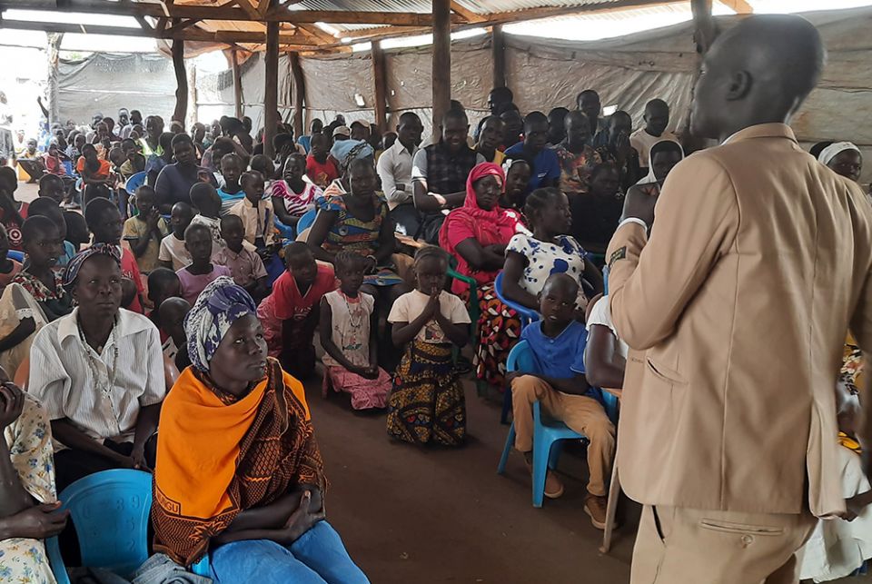 Oola Bosco, a catechist, teaches at the Palabek Refugee Settlement March 2021 in Uganda. Many of the refugees at the settlement are from South Sudan. (Courtesy of Lazar Arasu)