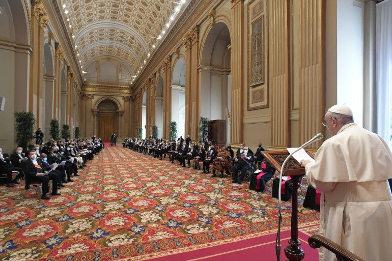 Pope Francis addresses diplomats accredited to the Holy See during an audience in the Hall of Blessings at the Vatican Feb. 8, 2021. (CNS/Vatican Media)