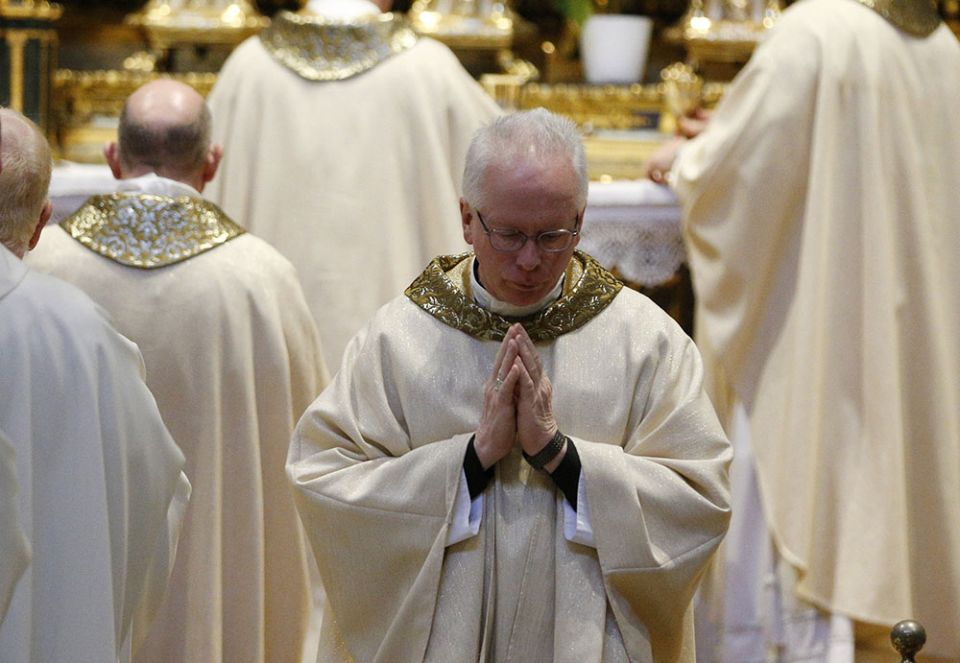 Bishop John Brungardt of Dodge City, Kansas, returns to his seat after receiving Communion during a Mass with U.S. bishops from Iowa, Kansas, Missouri and Nebraska at the Basilica of St. Mary Major in Rome Jan. 14, 2020. (CNS/Paul Haring)