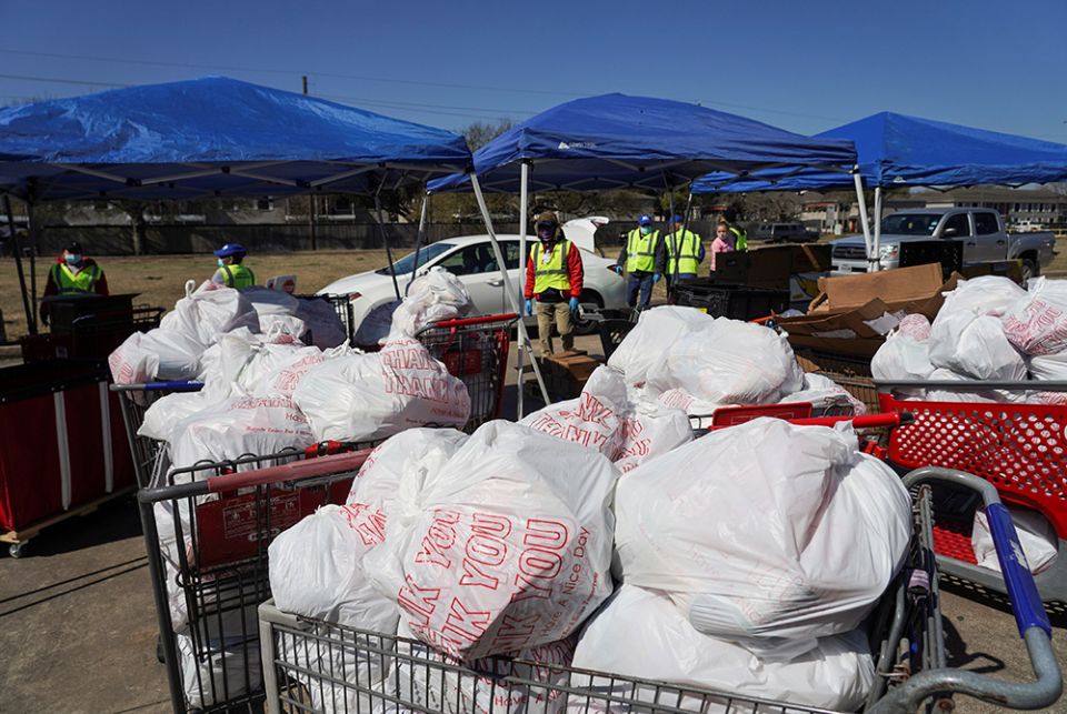 Food packages are seen at a food distribution site Feb. 19, after winter weather caused a shortage of food and clean water in Houston. (CNS/Go Nakamura, Reuters)